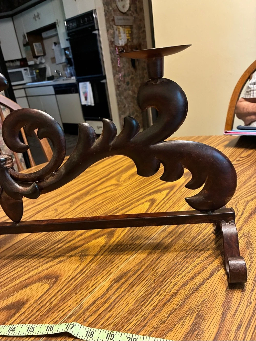 Large ornate cast/wrought-metal three-candle candelabra 26” x15”